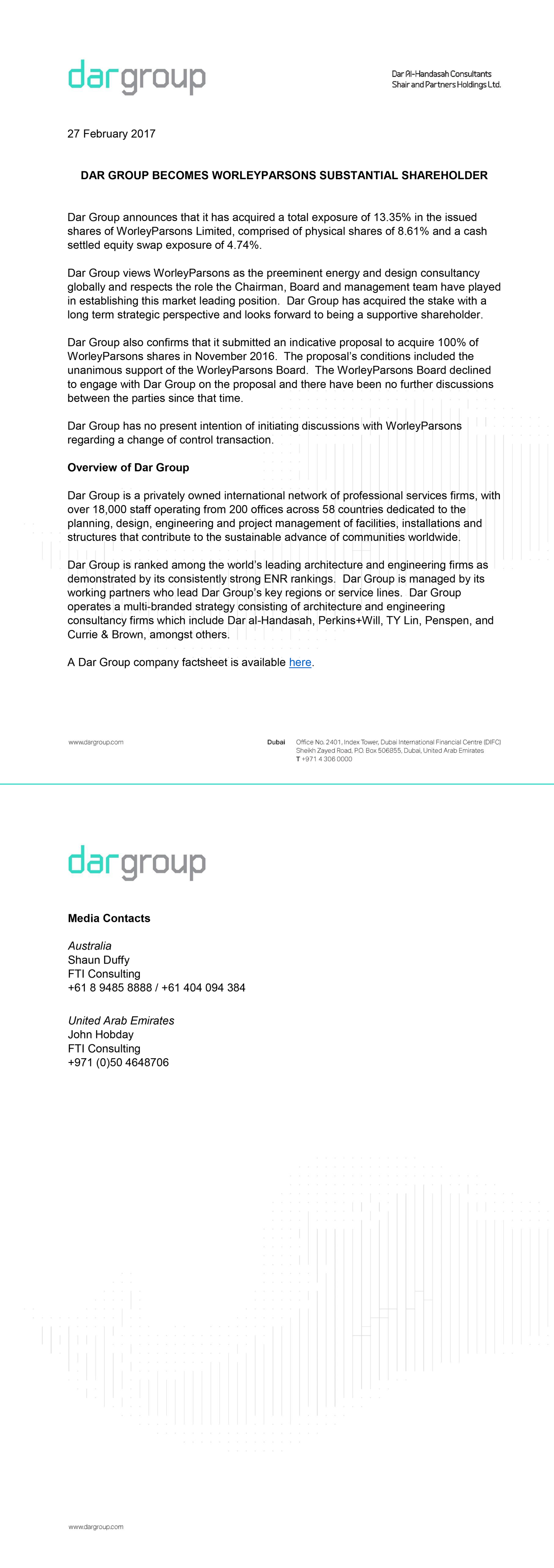 Dar Group becomes WorleyParsons substantial shareholder